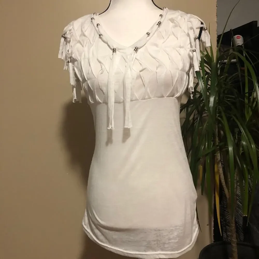 Fringe and Beads Blouse Top Tee Shirt T-Shirt Mür Mür White V-Neck Size S - Picture 2 of 12